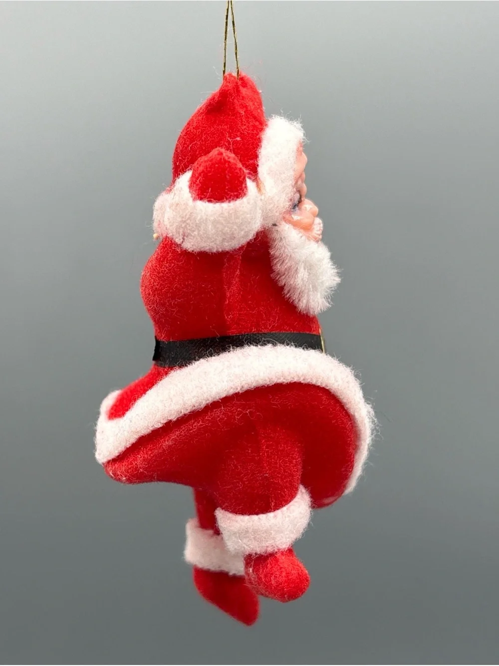 Vintage Santa Claus Flocked Ornament Red Mid Century Dancing Merry 4 Inch Figure